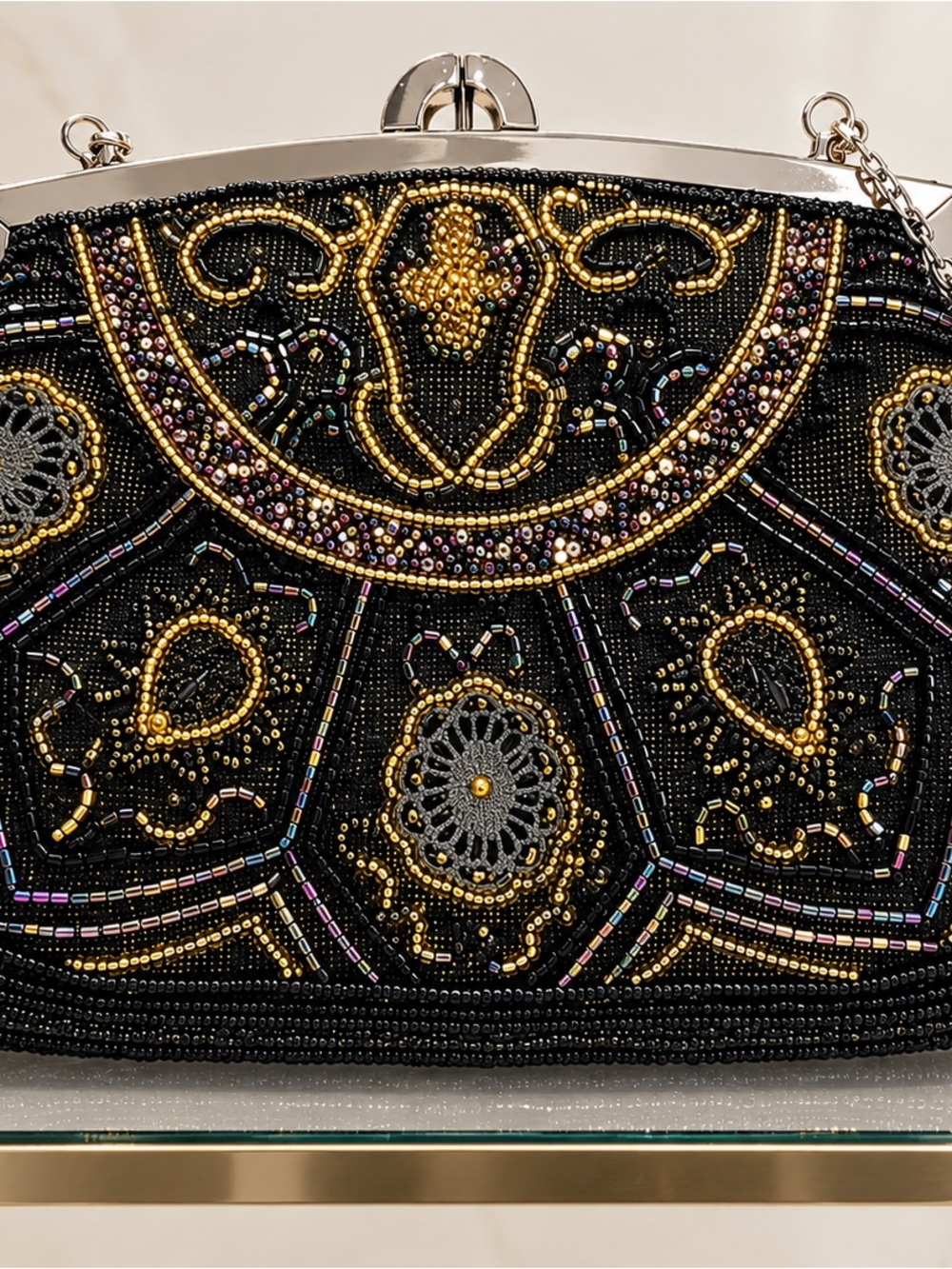 Vintage Viola Collection Beaded Evening Bag Gold Brown Silver Chain